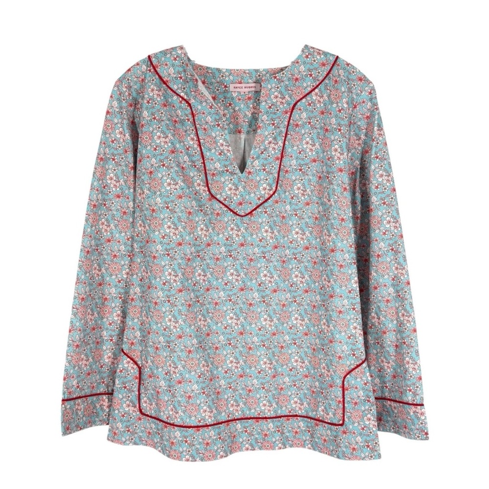Kayce Hughes Blouse Womens Size 4 Blue Floral Ditsy Print Cotton Red Piping